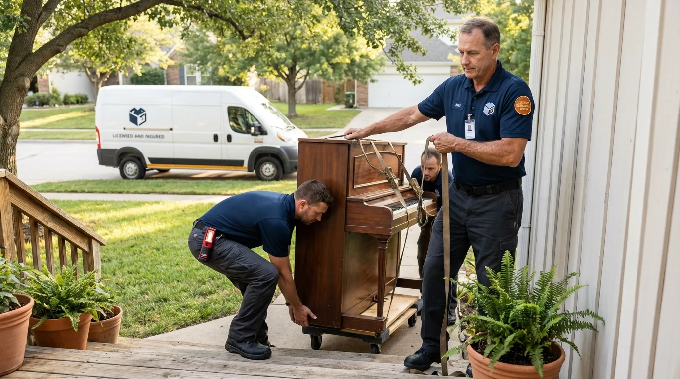 Licensed piano movers securing grand piano in Watseka, IL