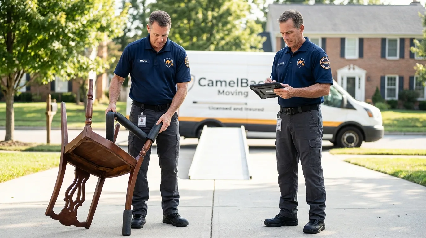 Movers inspecting furniture for damage prevention before loading in Watseka, IL