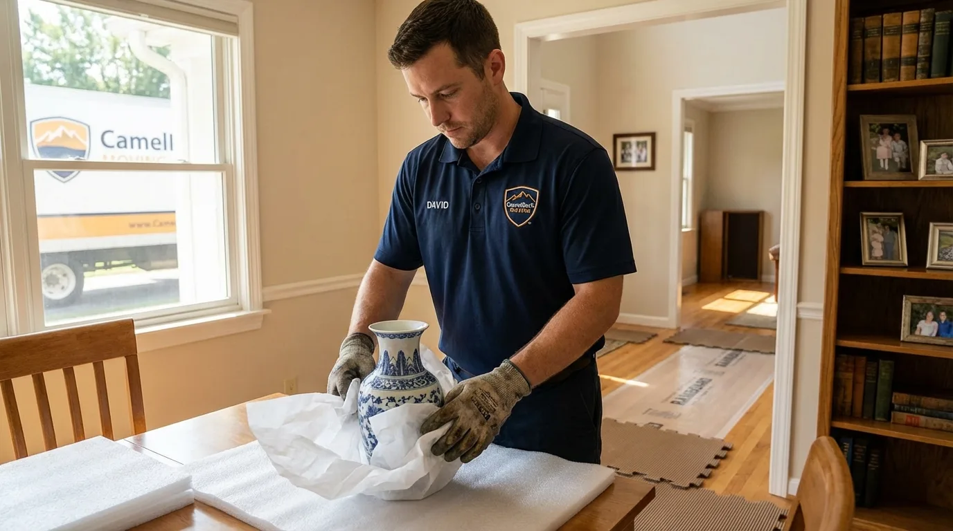 Professional crew carefully wrapping antique vase for senior downsizing move in Watseka, IL